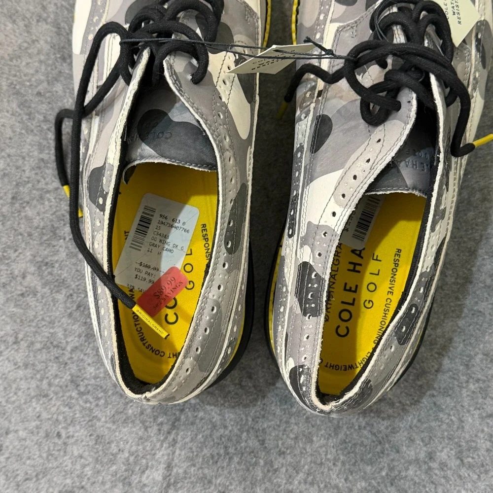 NWT Cole Haan Gray Camo Grand 360 Wingtip Oxford Golf Shoes Men's Size 11
